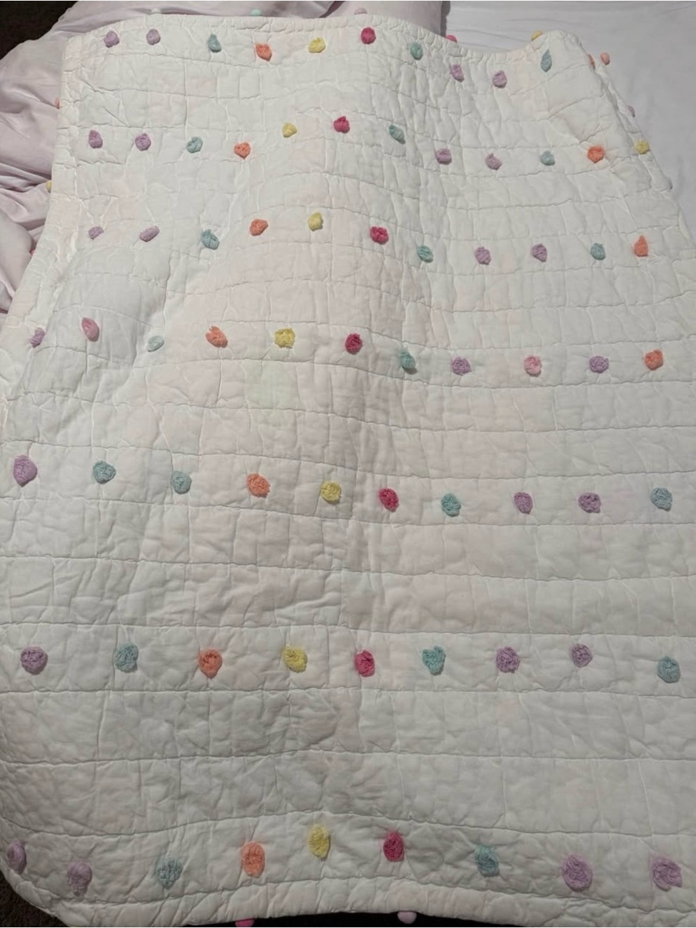 Pottery Barn Kids White Quilted Blanket with Pastel Pom Dots